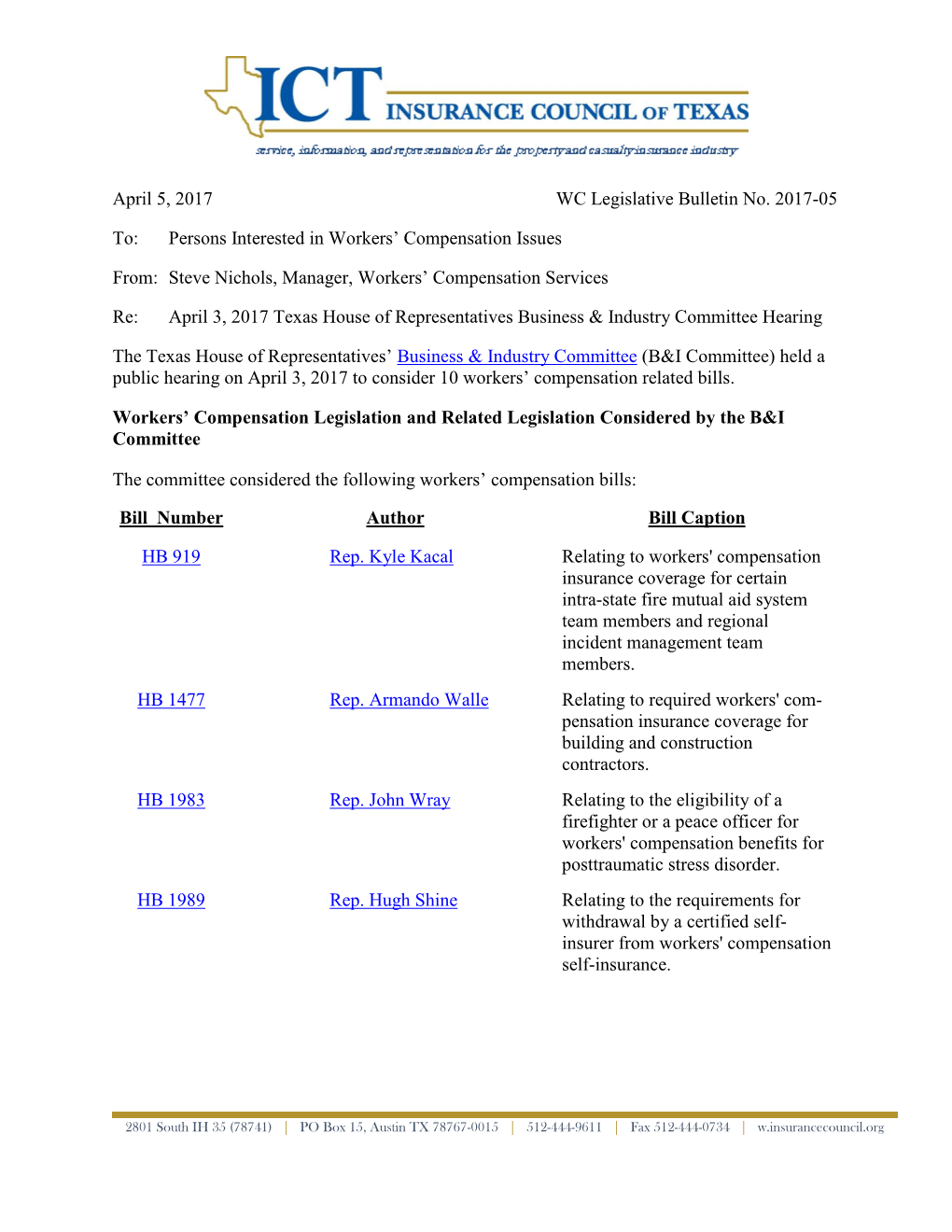 April 5, 2017 WC Legislative Bulletin No