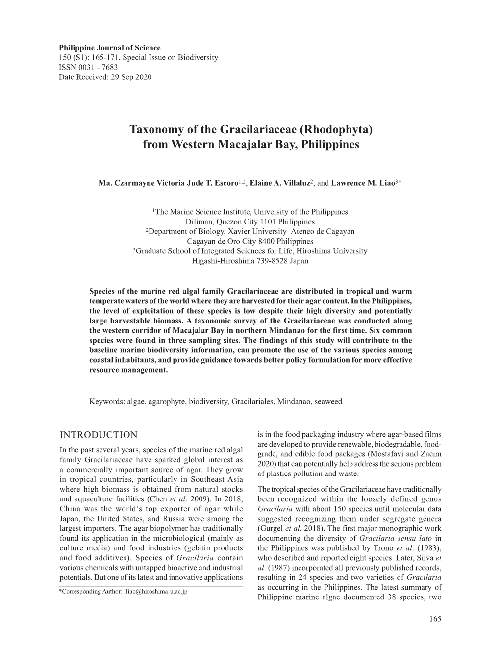 Taxonomy of the Gracilariaceae (Rhodophyta) from Western Macajalar Bay, Philippines