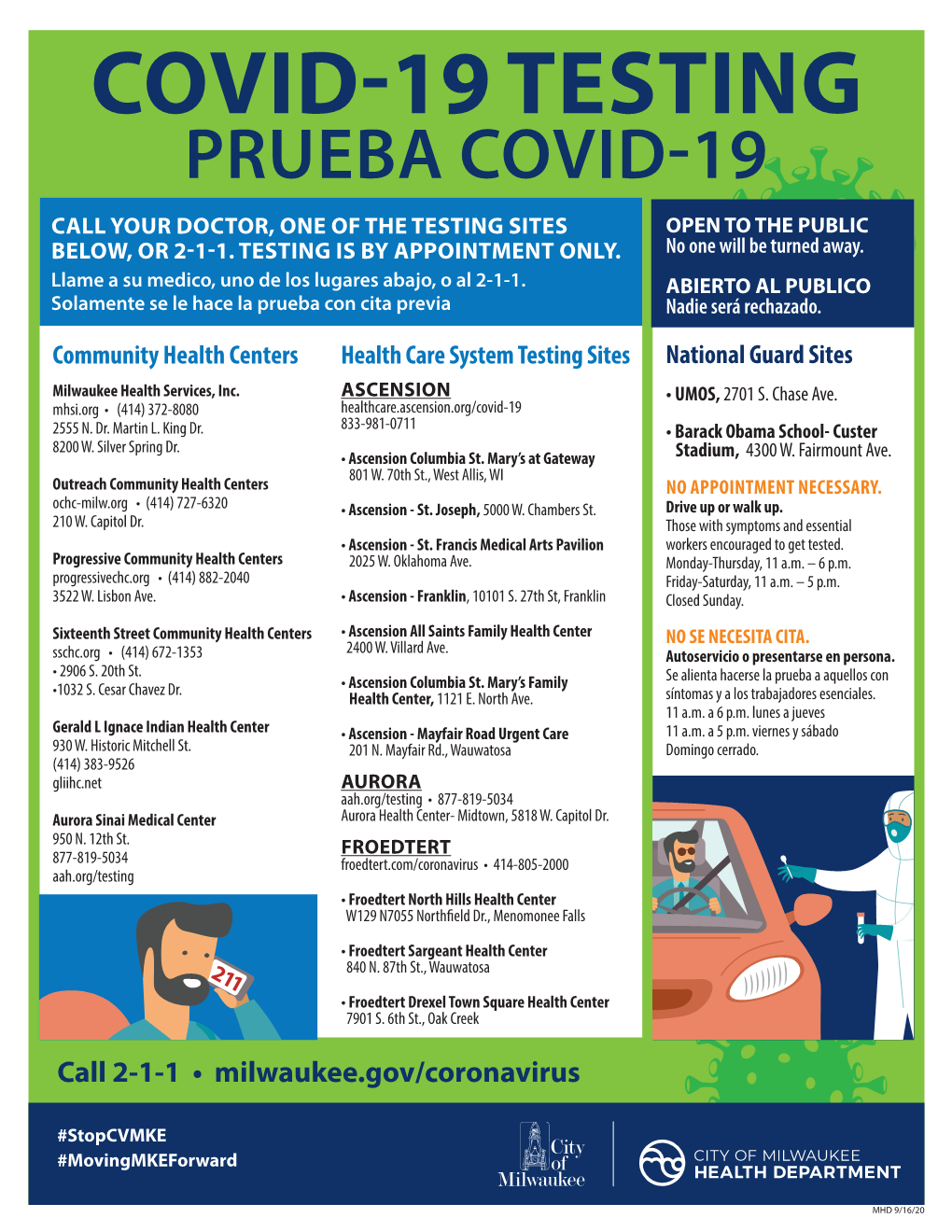 Covid-19 Testing Prueba Covid-19 Call Your Doctor, One of the Testing Sites Open to the Public Below, Or 2-1-1