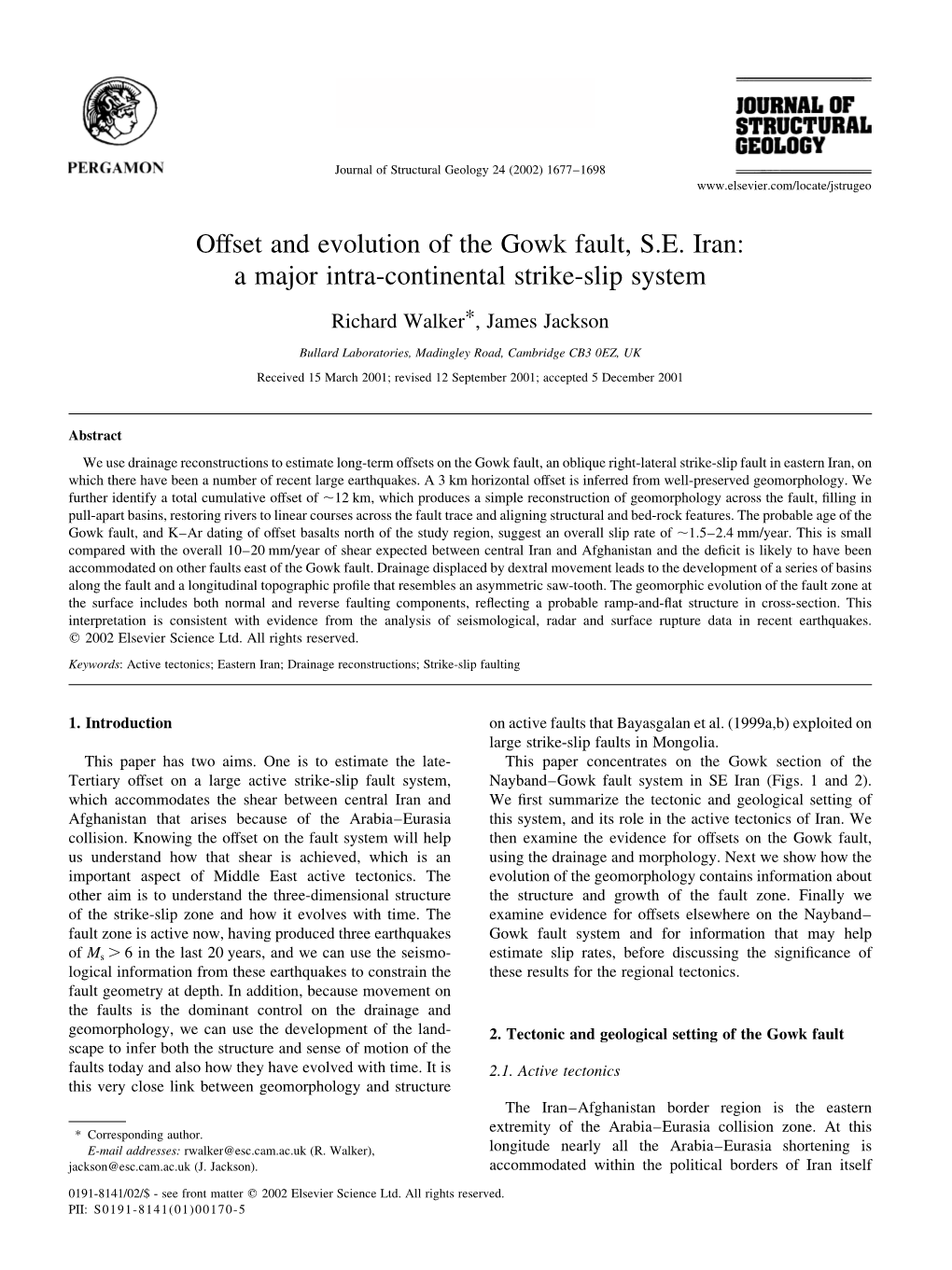 Offset and Evolution of the Gowk Fault, S.E. Iran: a Major Intra-Continental Strike-Slip System