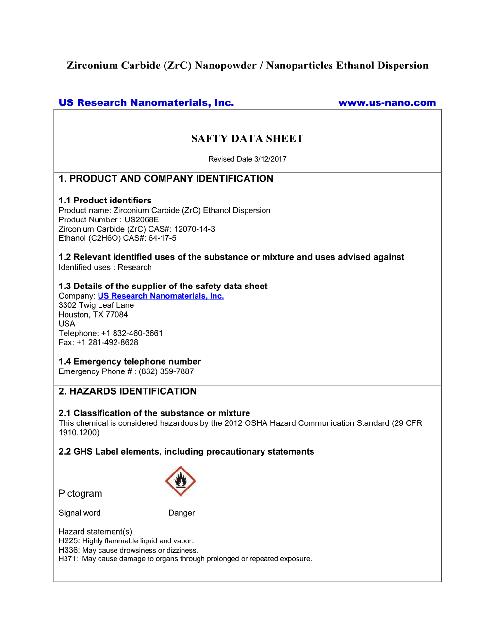 Zirconium Carbide (Zrc) Nanopowder / Nanoparticles Ethanol Dispersion