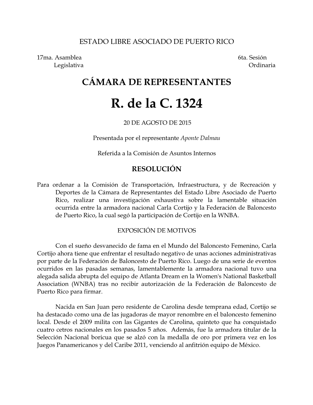 CÁMARA DE REPRESENTANTES R. De La C. 1324
