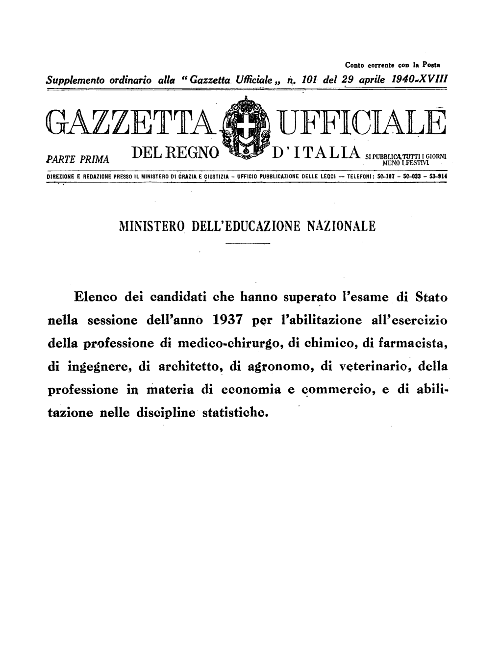 Gazzetta Ufficiale Del Regno D'italia N. 101 Del 29 Aprile 1940