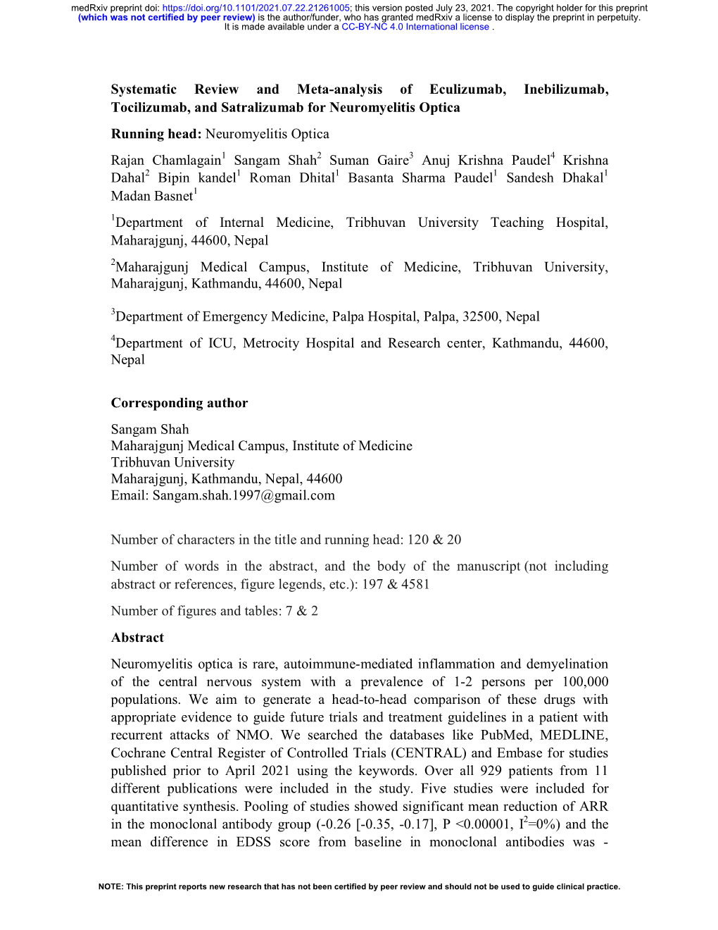 Systematic Review and Meta-Analysis of Eculizumab, Inebilizumab