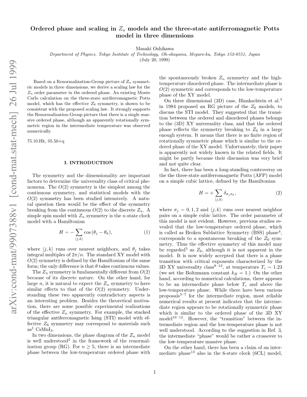 [Cond-Mat.Stat-Mech] 26 Jul 1999