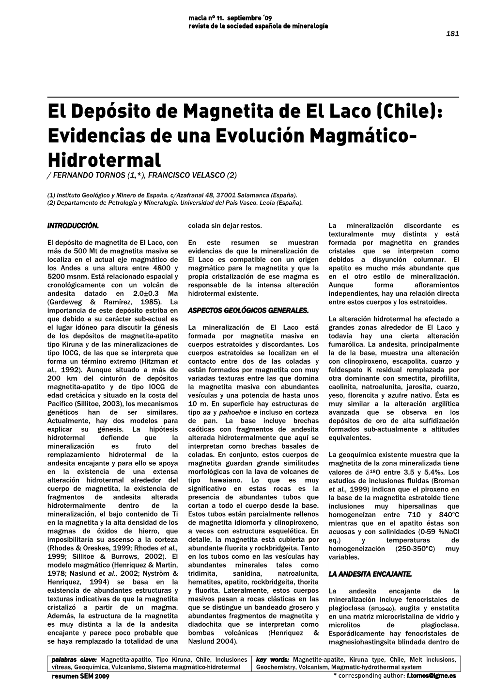 El Depósito De Magnetita De El Laco (Chile): Evidencias De Una Evolución Magmático