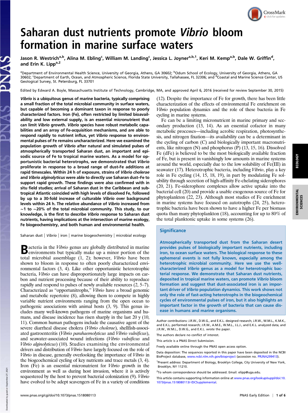 Saharan Dust Nutrients Promote Vibrio Bloom Formation in Marine Surface Waters