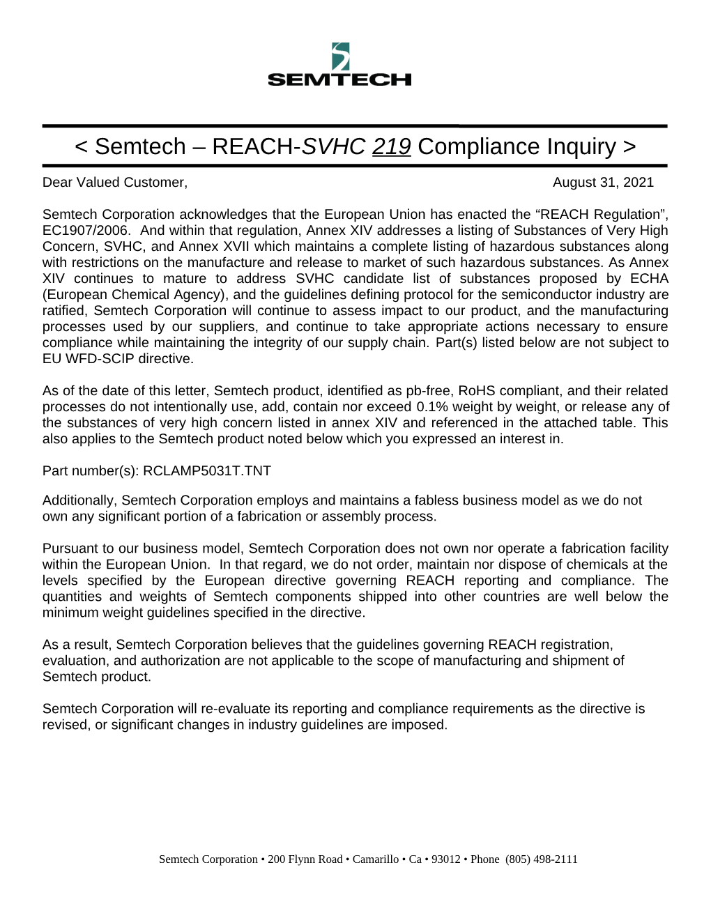 Semtech – REACH-SVHC 219 Compliance Inquiry >