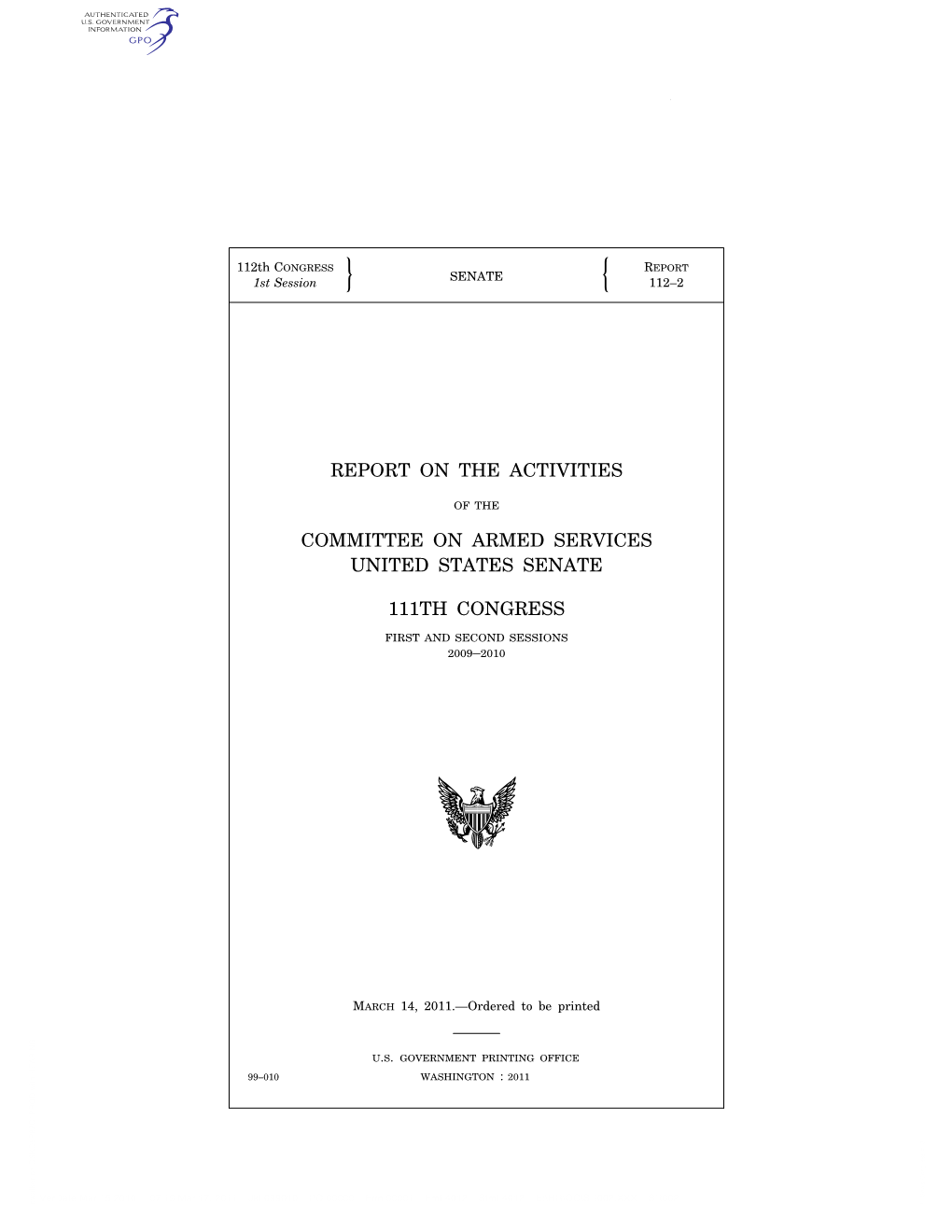 Report on the Activities Committee on Armed Services United States Senate 111Th Congress