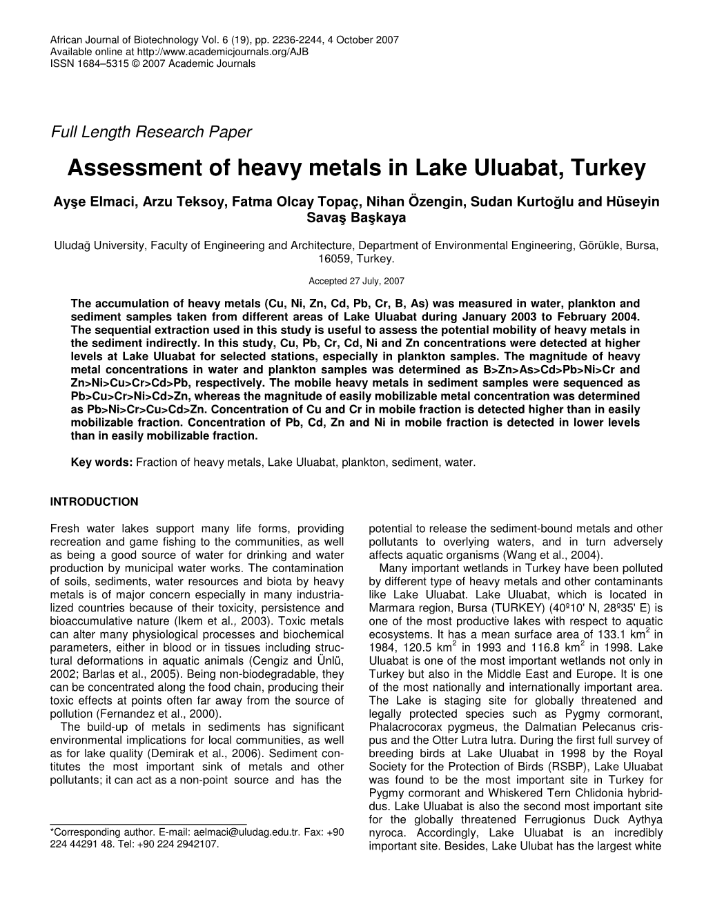 Assessment of Heavy Metals in Lake Uluabat, Turkey