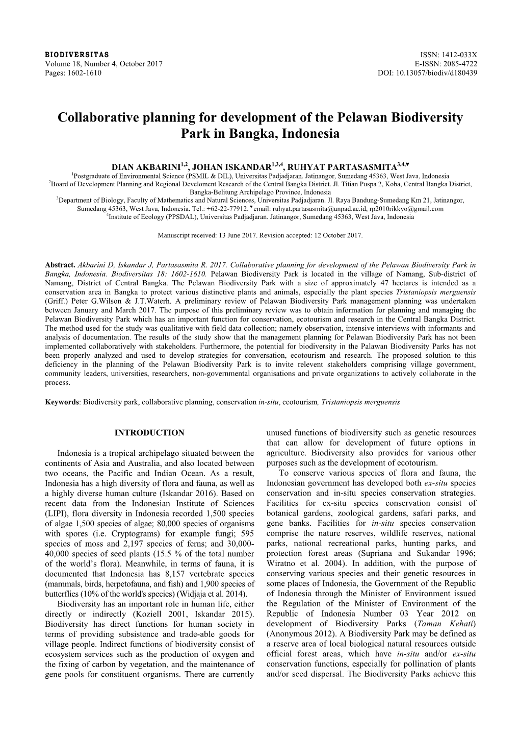 Collaborative Planning for Development of the Pelawan Biodiversity Park in Bangka, Indonesia