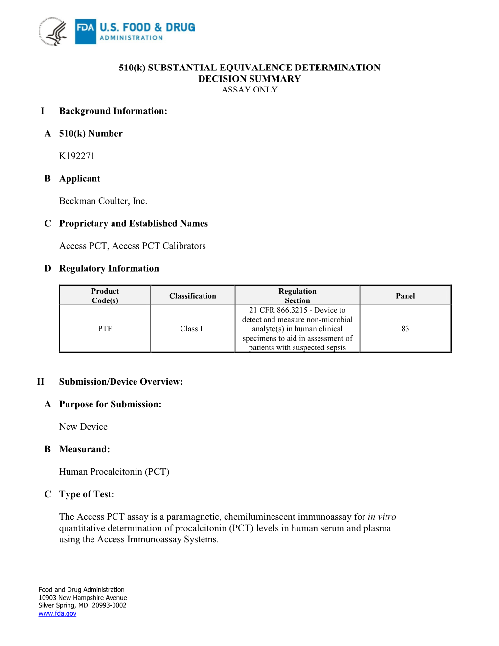 A 510(K) Number K192271 B Applicant Beck