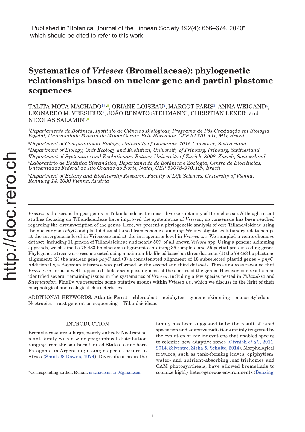 Systematics of Vriesea (Bromeliaceae): Phylogenetic Relationships Based on Nuclear Gene and Partial Plastome Sequences