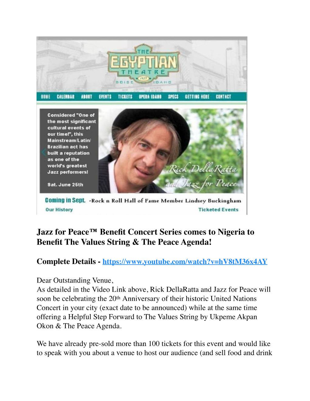 Jazz for Peace™ Benefit Concert Series Comes to Nigeria to Benefit