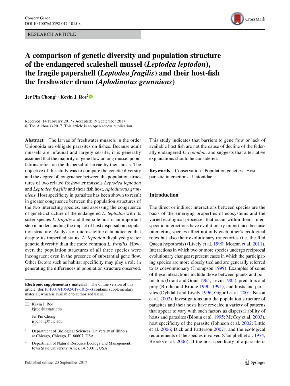 Leptodea Leptodon), the Fragile Papershell (Leptodea Fragilis) and Their Host-Fish the Freshwater Drum (Aplodinotus Grunniens