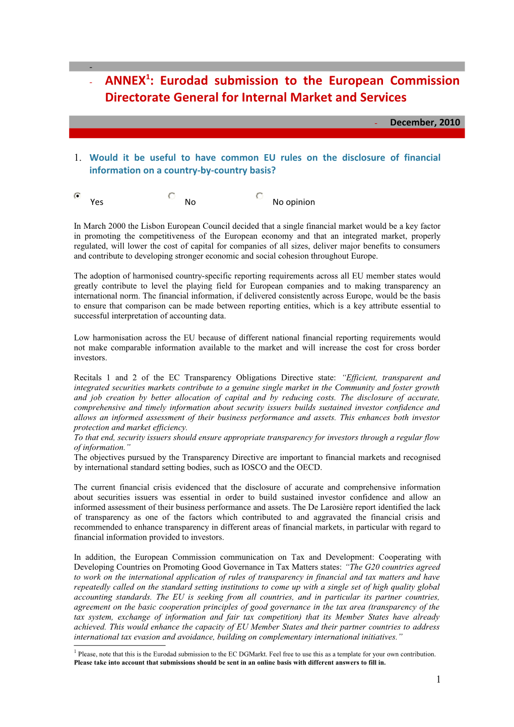 ANNEX 1 : Eurodad Submission to the European Commission Directorate General for Internal