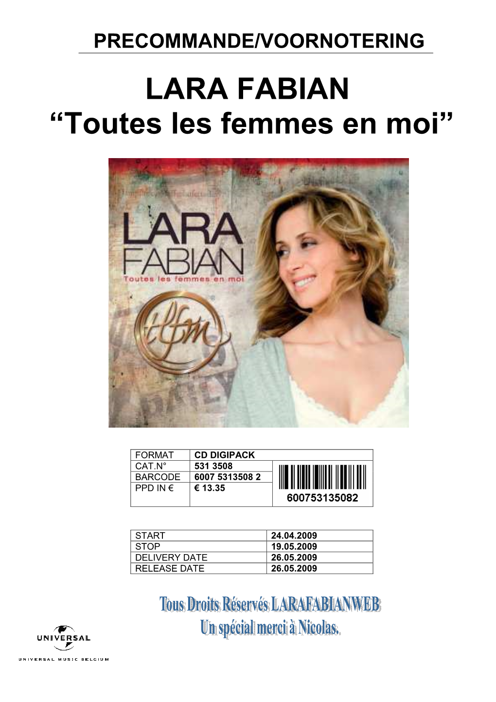 LARA FABIAN “Toutes Les Femmes En Moi”