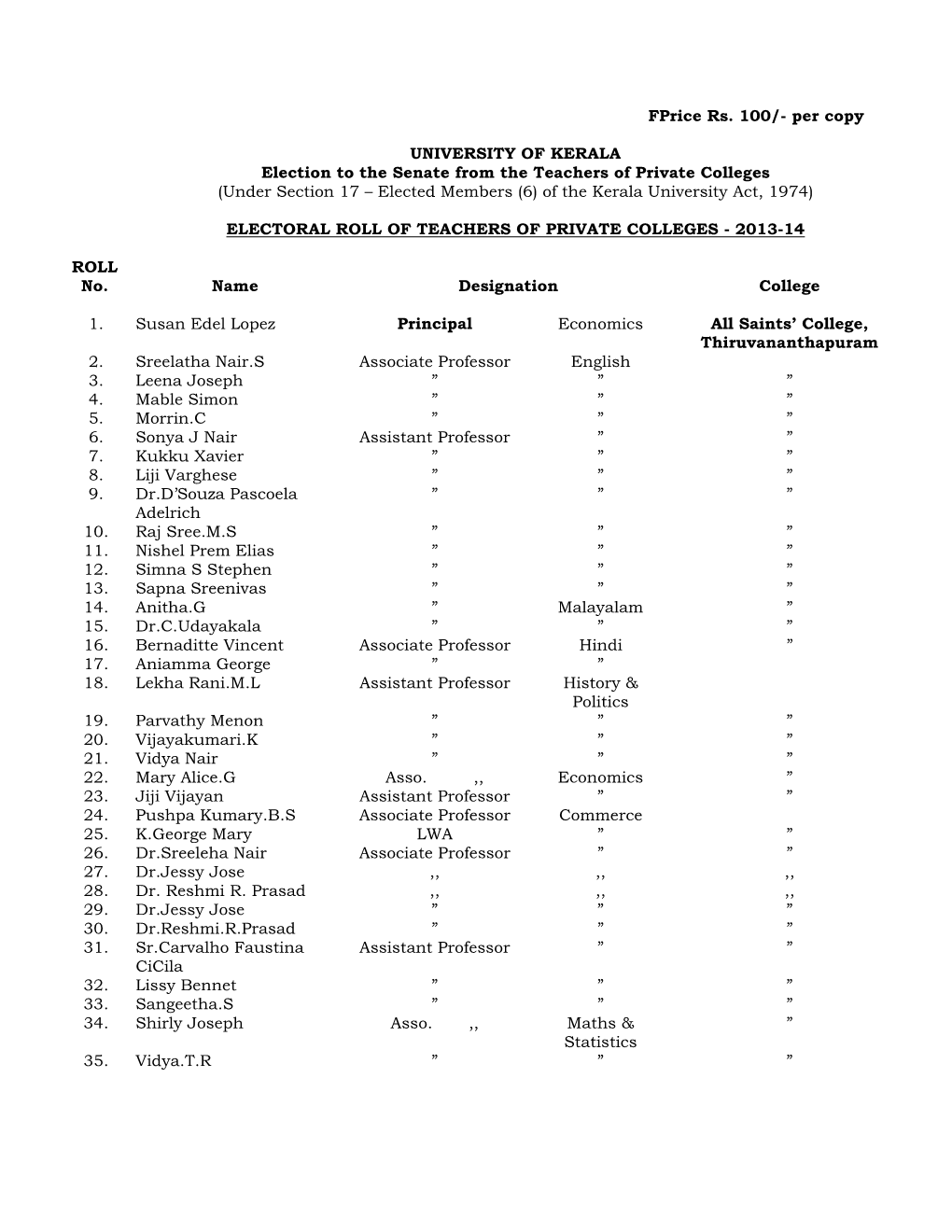 Teachers of Private Colleges (Under Section 17 – Elected Members (6) of the Kerala University Act, 1974)