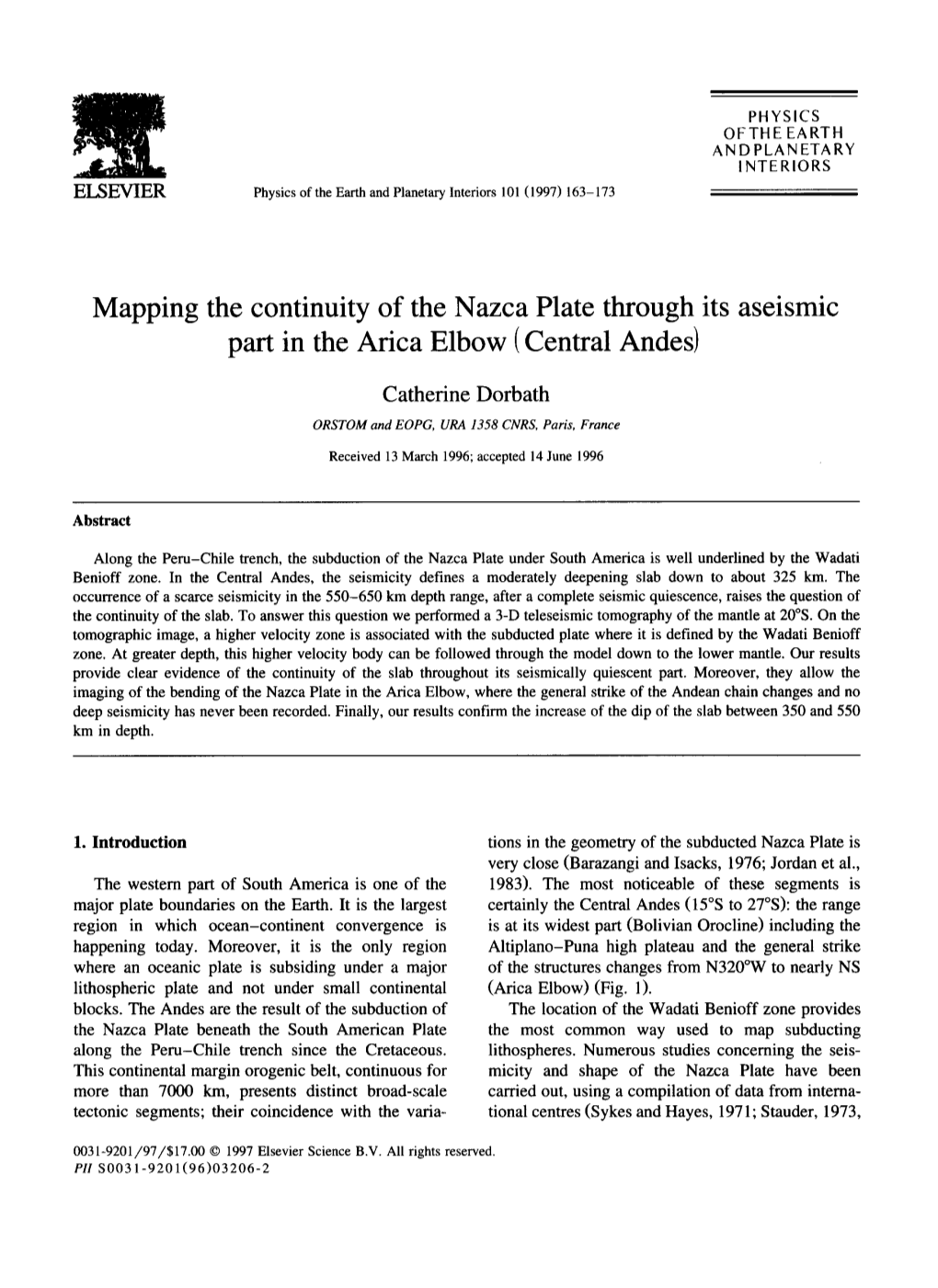 Mapping the Continuity of the Nazca Plate Through Its Aseismic Part in the Arica Elbow(Central Andes)