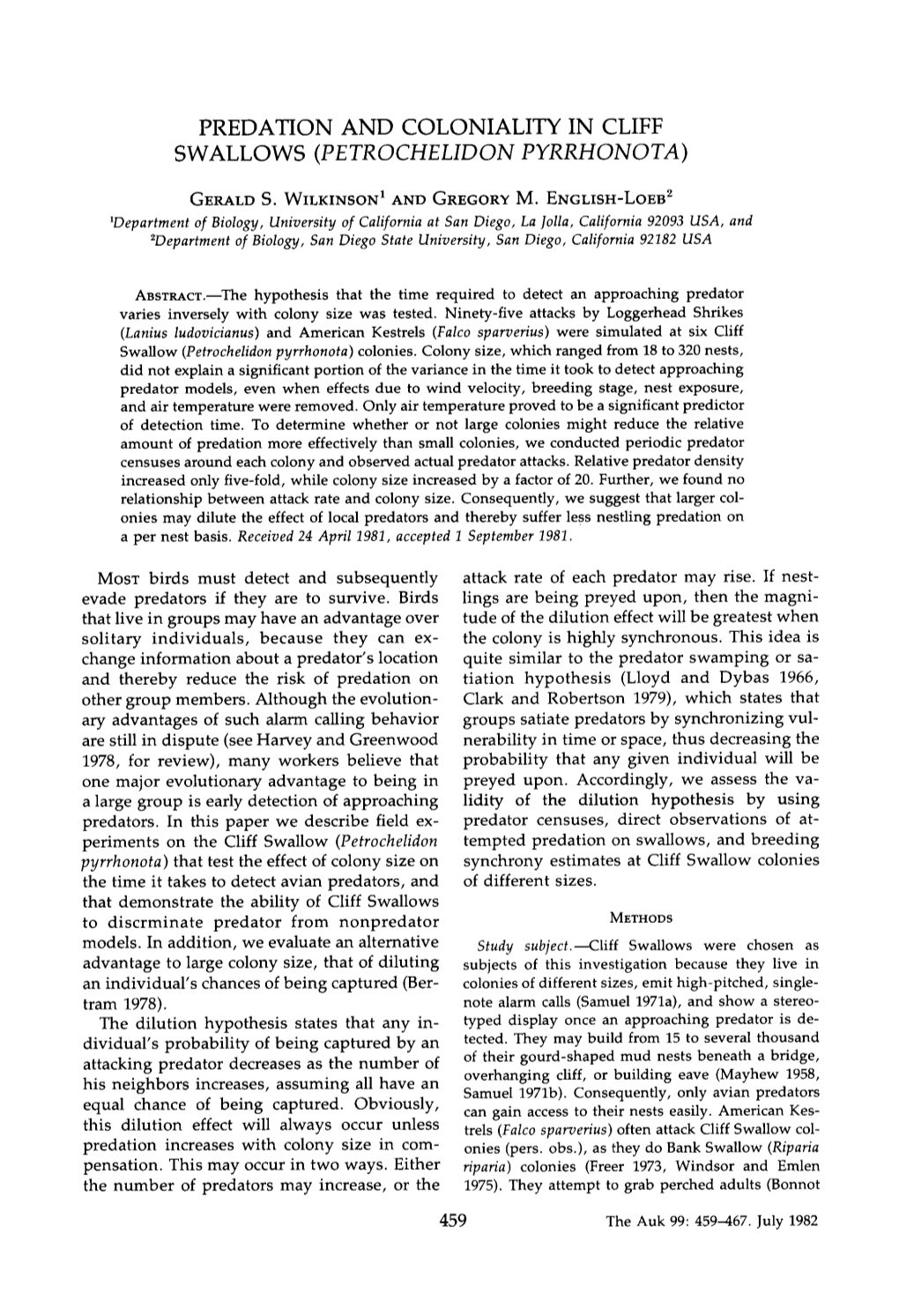 Predation and Coloniality in Cliff Swallows (Petr 0 Chelid on Pyrrhono Ta )