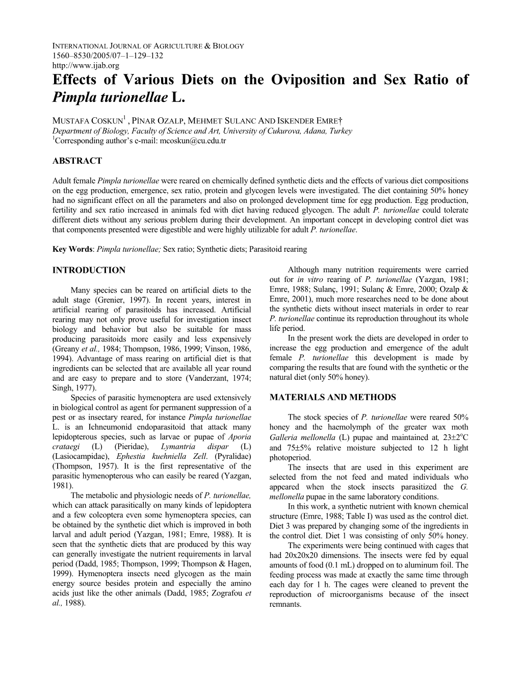 Effects of Various Diets on the Oviposition and Sex Ratio of Pimpla Turionellae L