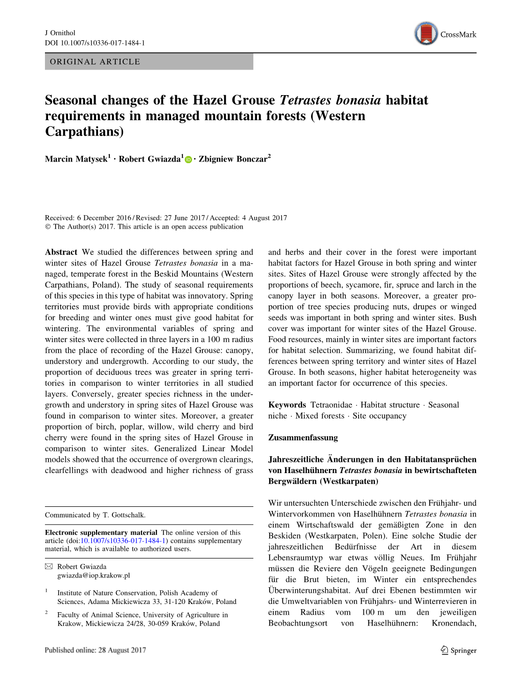 Seasonal Changes of the Hazel Grouse Tetrastes Bonasia Habitat Requirements in Managed Mountain Forests (Western Carpathians)