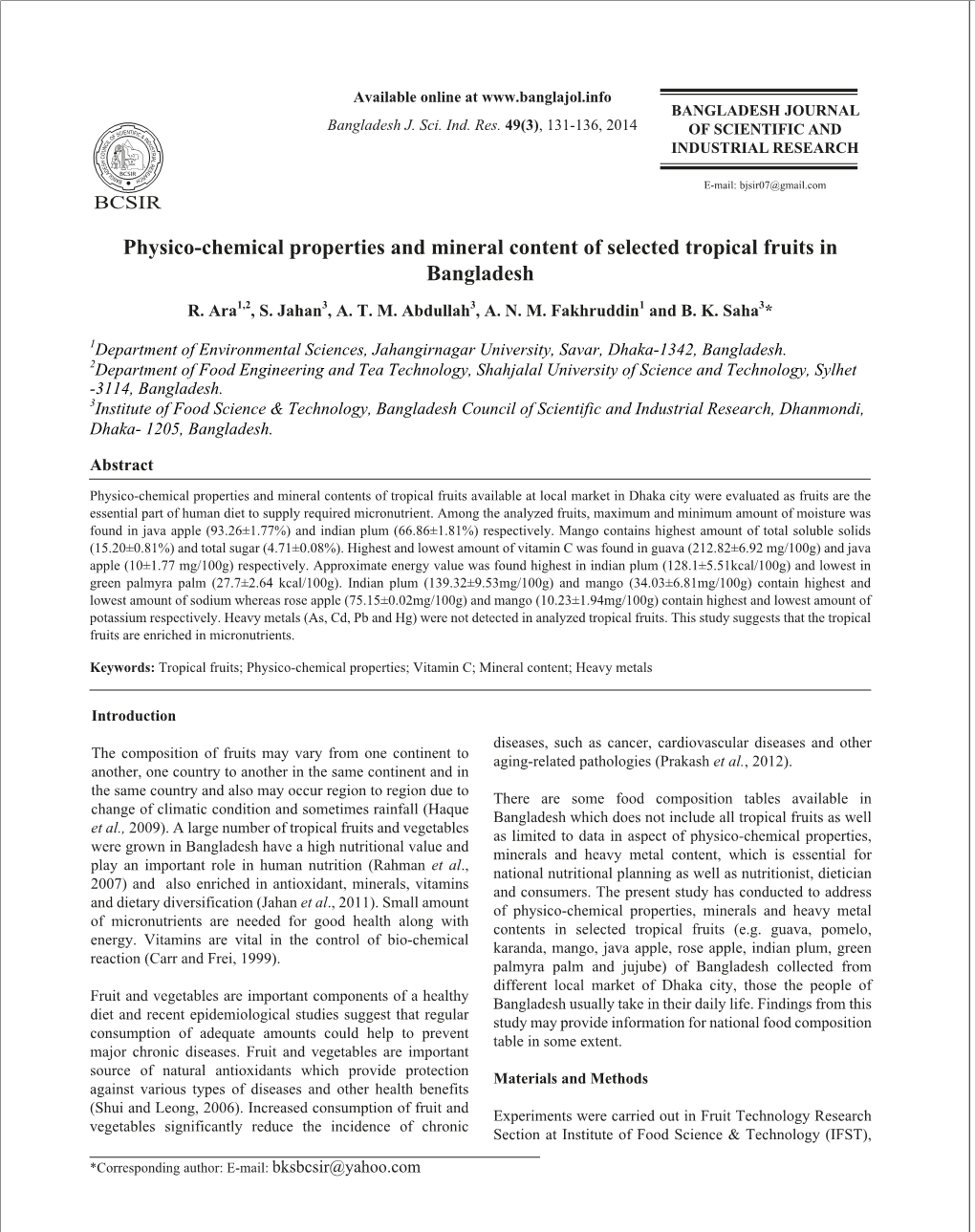 Physico-Chemical Properties and Mineral Content of Selected Tropical Fruits in and Other Organoleptic Deterioration