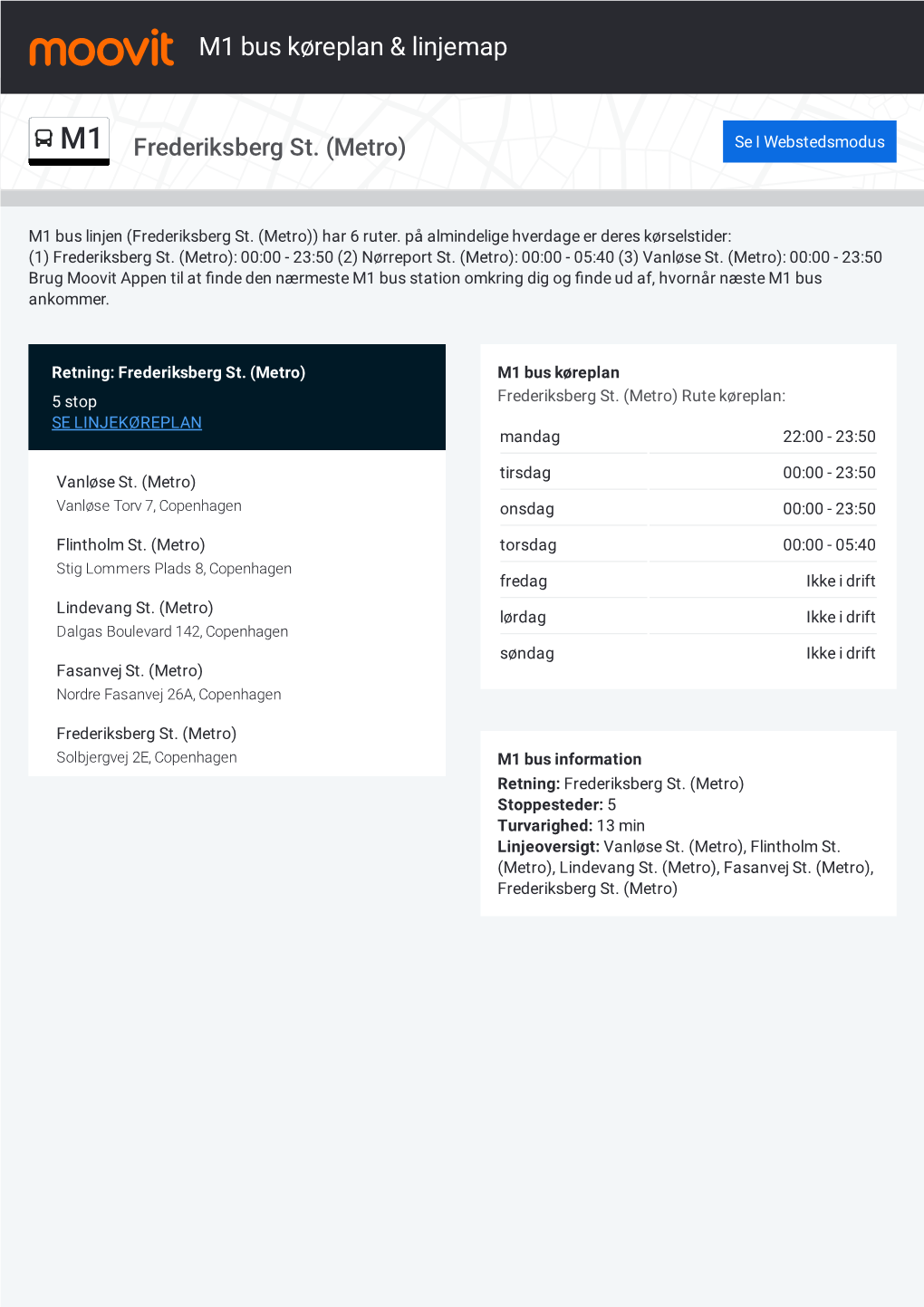 M1 Bus Køreplan & Linjerutekort