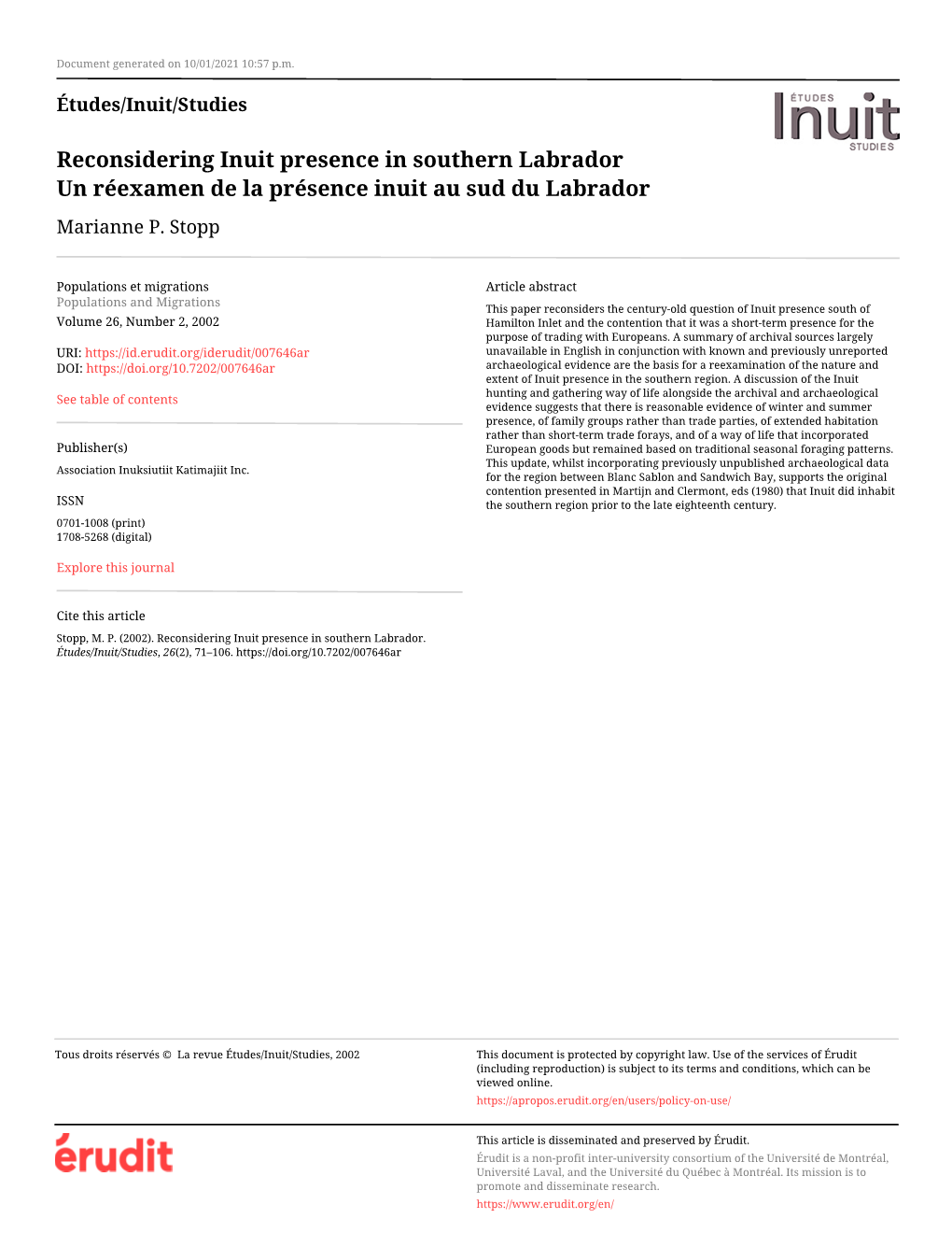 Reconsidering Inuit Presence in Southern Labrador Un Réexamen De La Présence Inuit Au Sud Du Labrador Marianne P