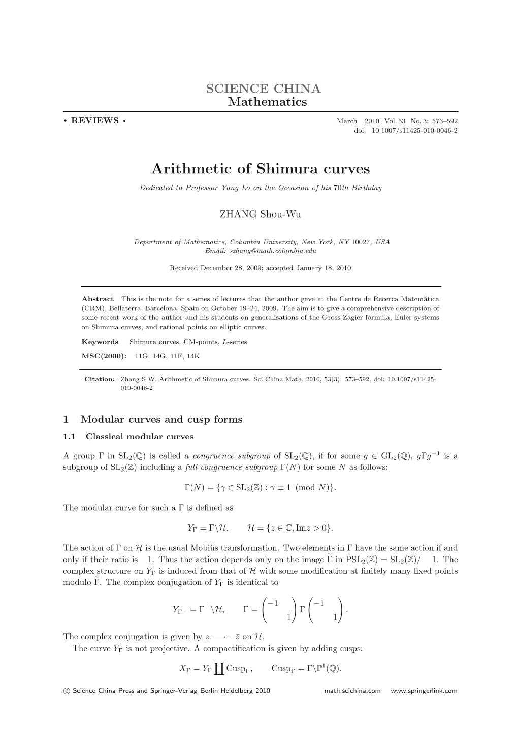 Arithmetic of Shimura Curves Dedicated to Professor Yang Lo on the Occasion of His 70Th Birthday