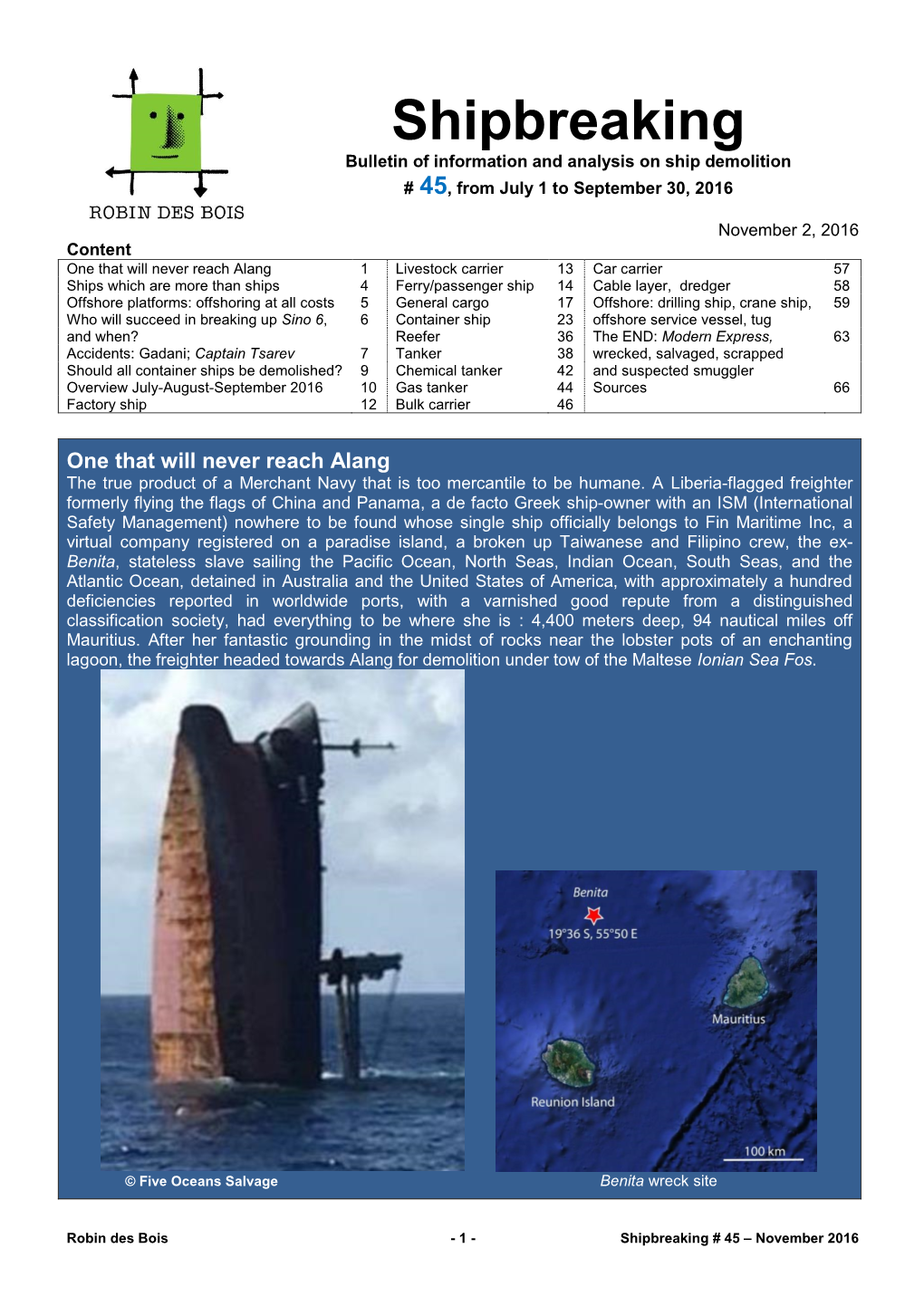 Shipbreaking Bulletin of Information and Analysis on Ship Demolition # 45, from July 1 to September 30, 2016