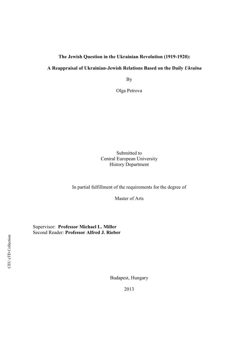 The Jewish Question in the Ukrainian Revolution (1919-1920)