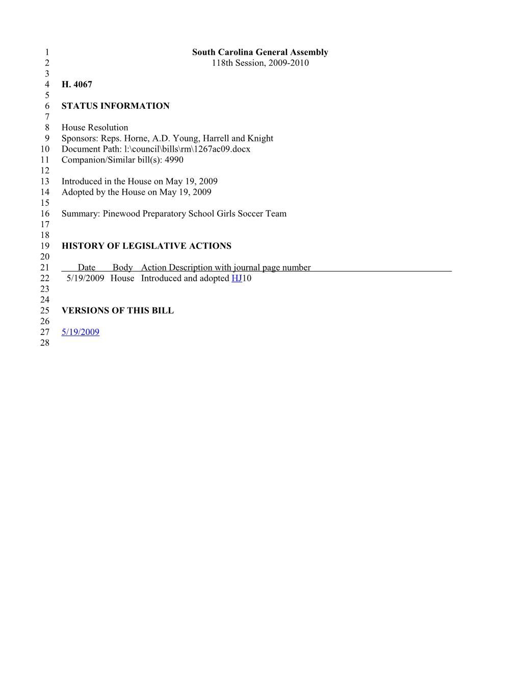 2009-2010 Bill 4067: Pinewood Preparatory School Girls Soccer Team - South Carolina Legislature