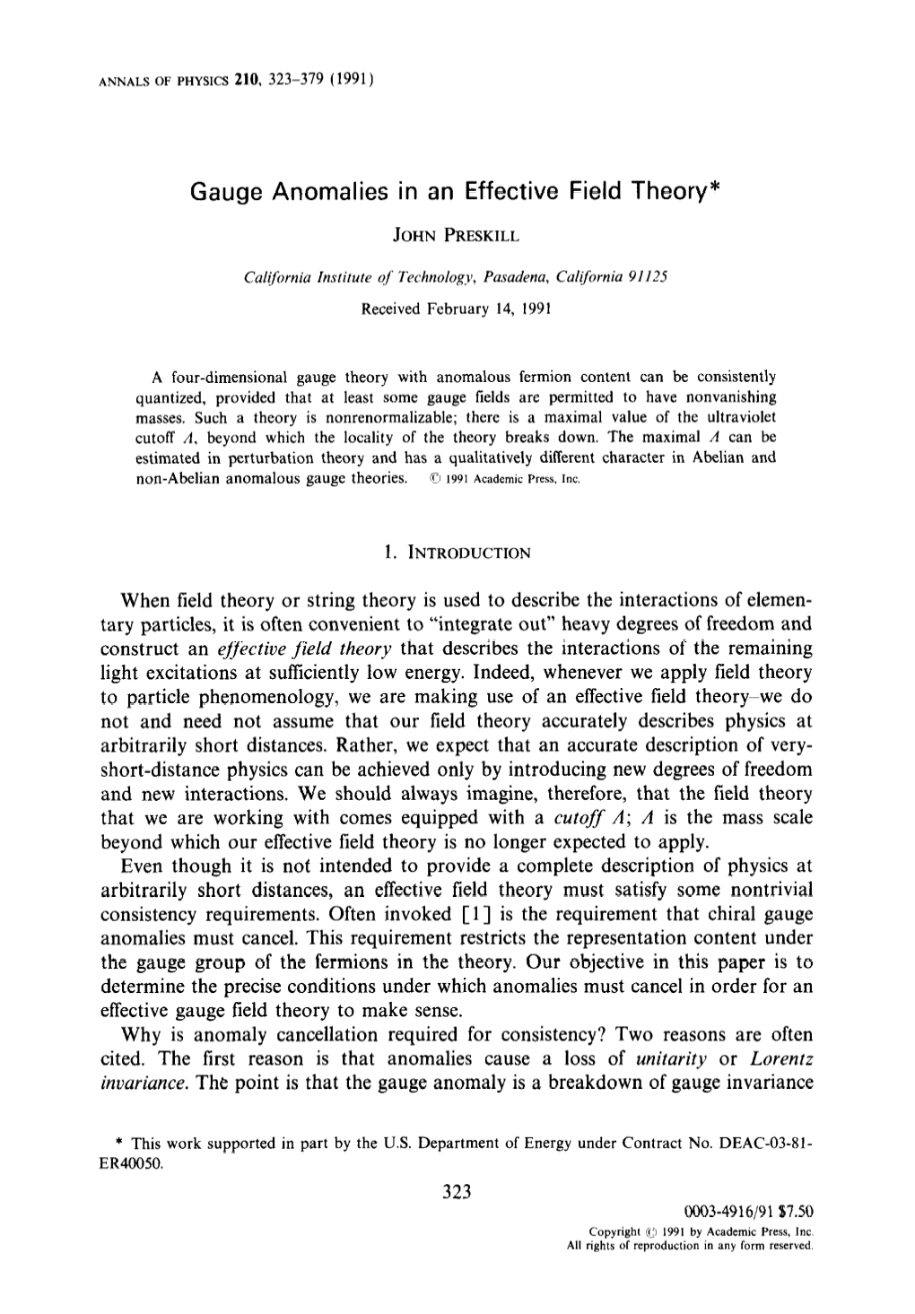 Gauge Anomalies in an Effective Field Theory*