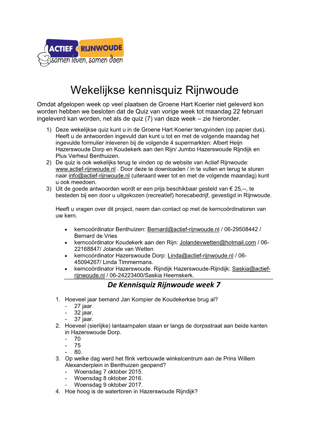 Wekelijkse Kennisquiz Rijnwoude