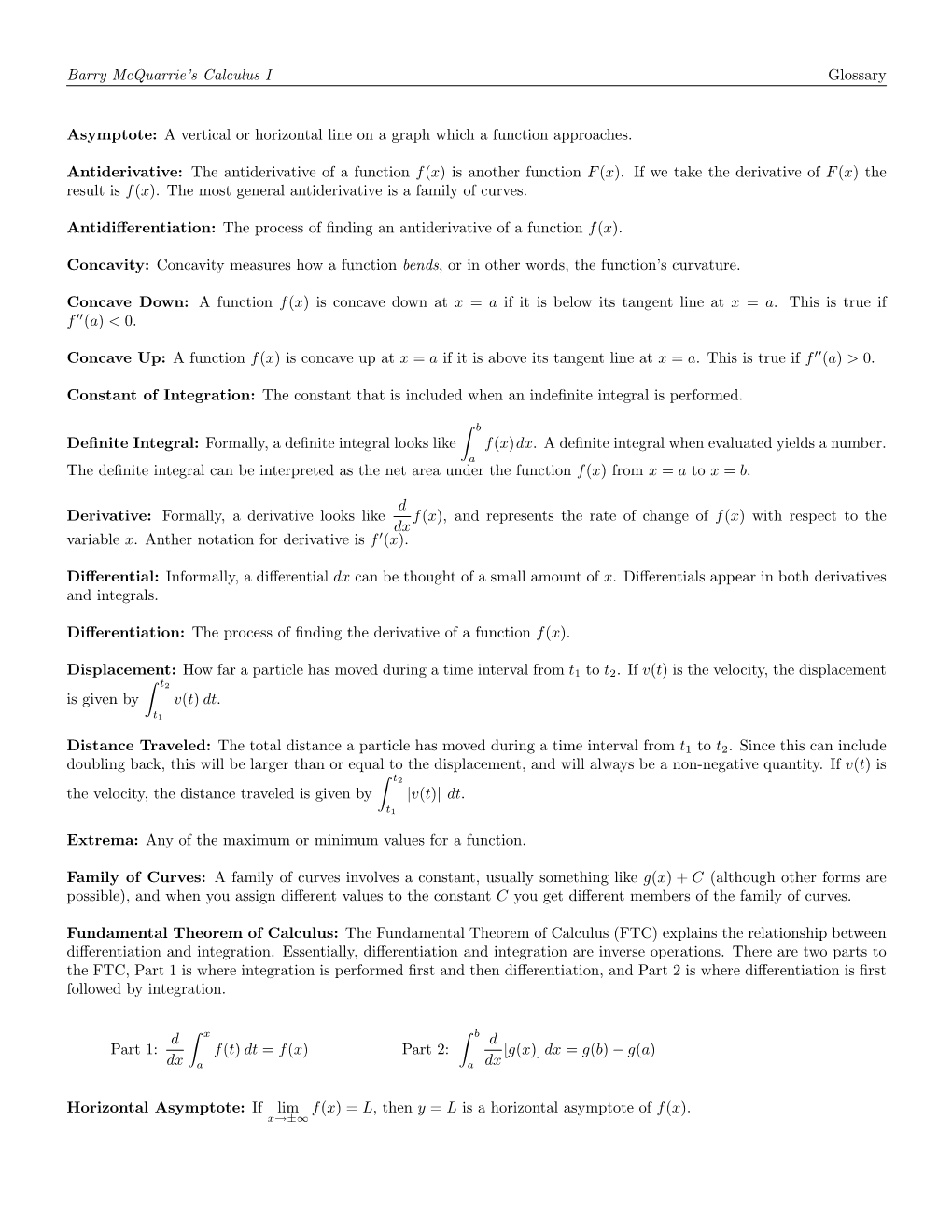 Barry Mcquarrie's Calculus I Glossary Asymptote: a Vertical Or Horizontal