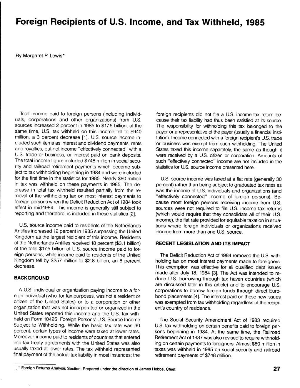 Foreign Recipients of U.S. Income, and Tax Withheld, 1985