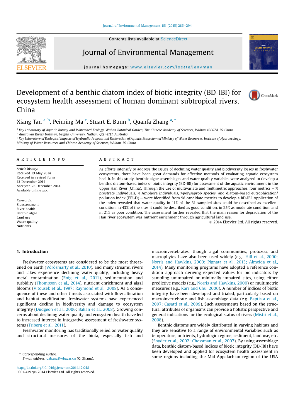 Development of a Benthic Diatom Index of Biotic Integrity (BD-IBI) for Ecosystem Health Assessment of Human Dominant Subtropical Rivers, China