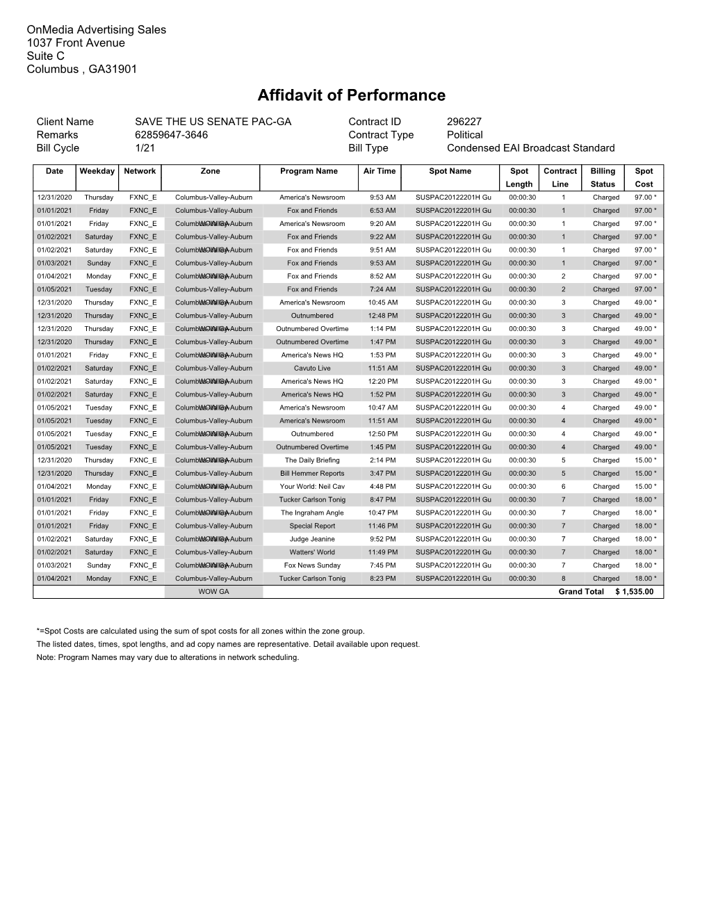 Affidavit of Performance