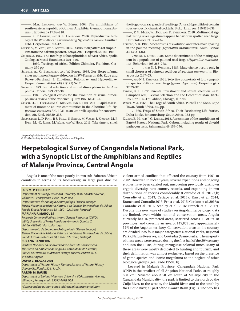 Herpetological Survey of Cangandala National Park, with a Synoptic List of the Amphibians and Reptiles of Malanje Province, Central Angola