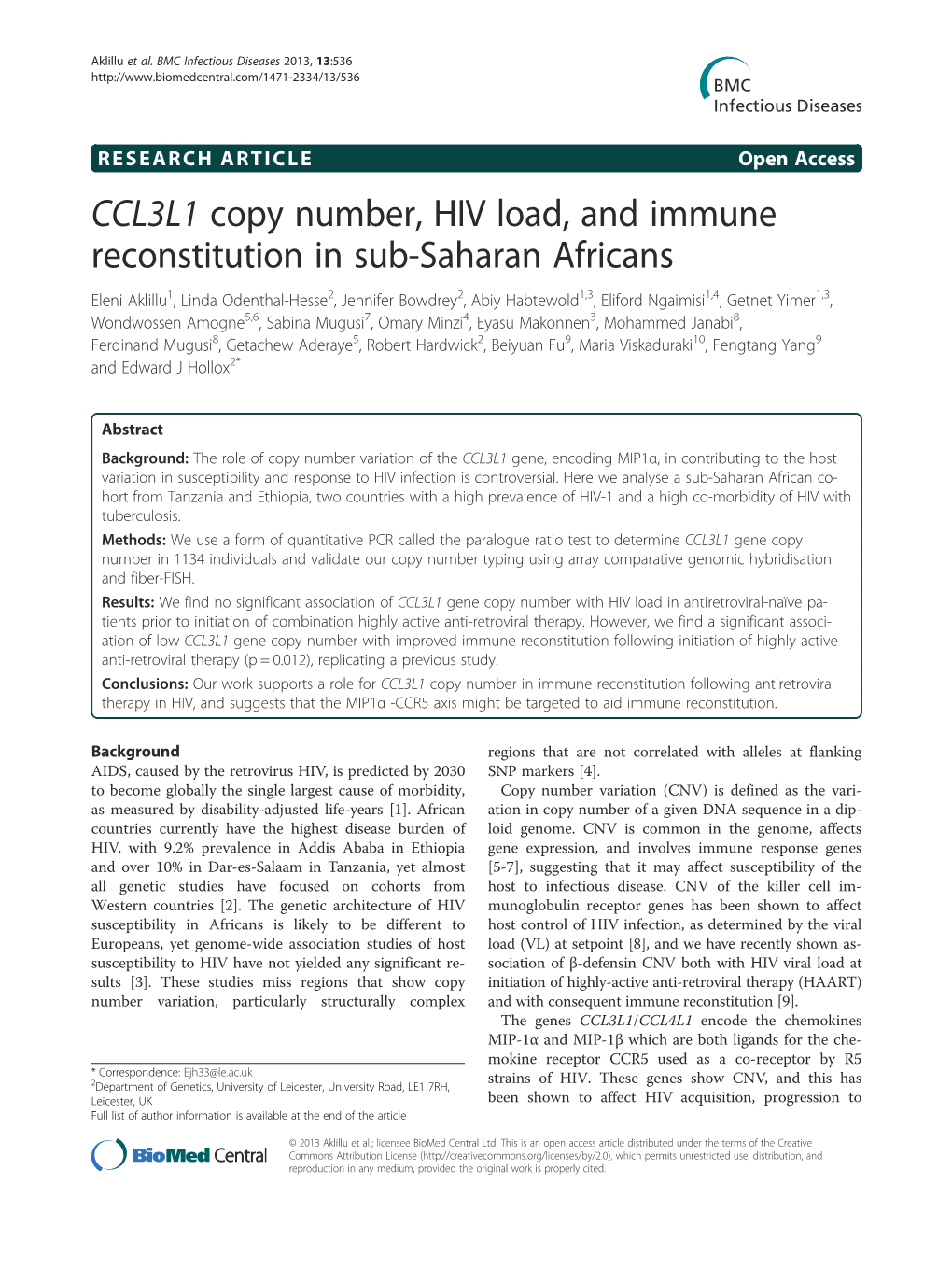 CCL3L1 Copy Number, HIV Load, and Immune Reconstitution in Sub