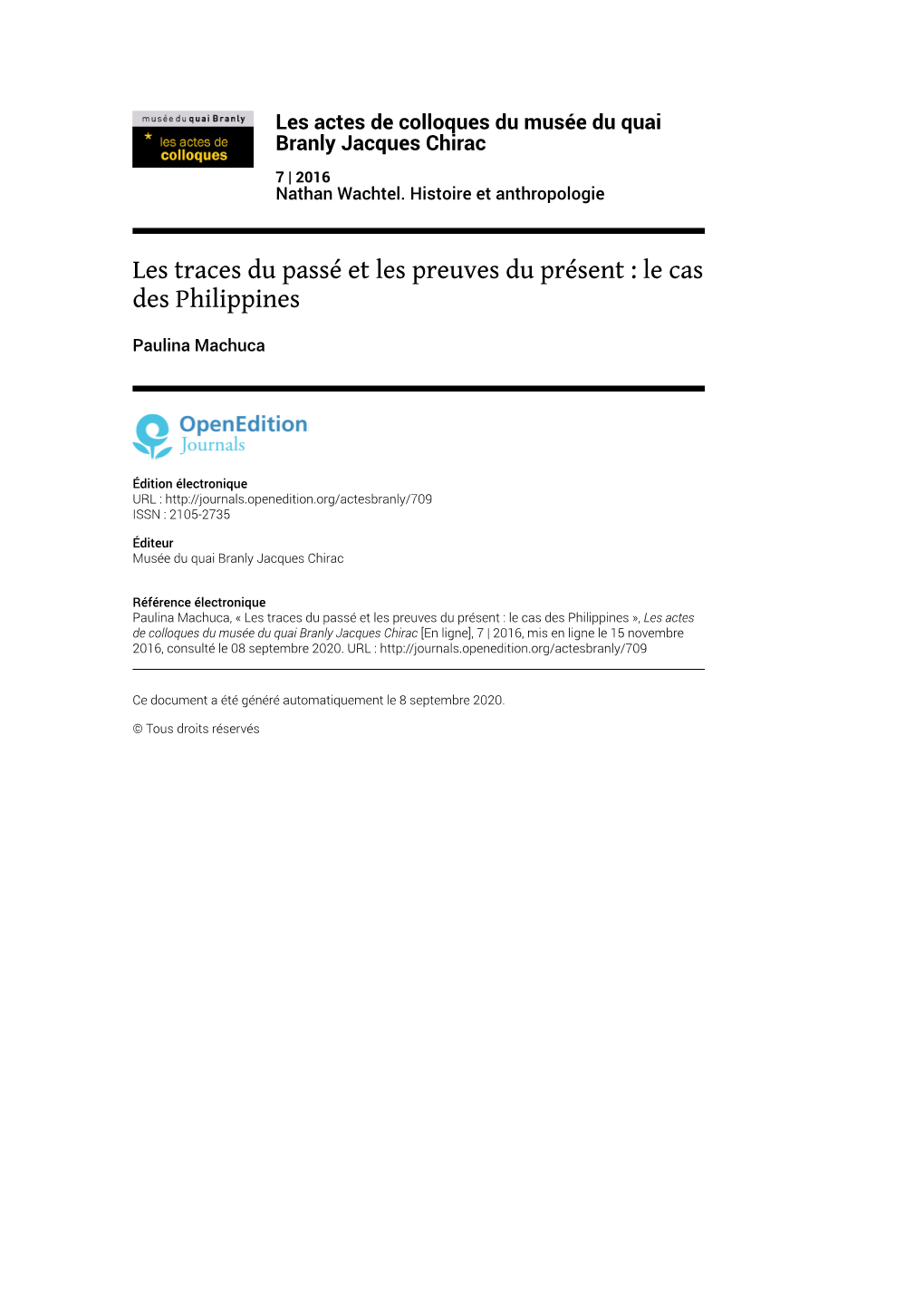 Les Actes De Colloques Du Musée Du Quai Branly Jacques Chirac, 7 | 2016 Les Traces Du Passé Et Les Preuves Du Présent : Le Cas Des Philippines 2