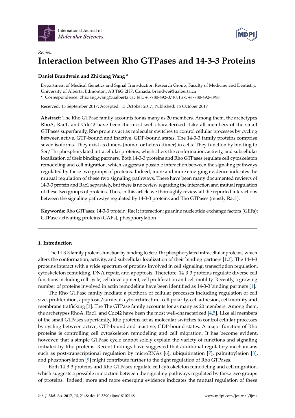 Interaction Between Rho Gtpases and 14-3-3 Proteins