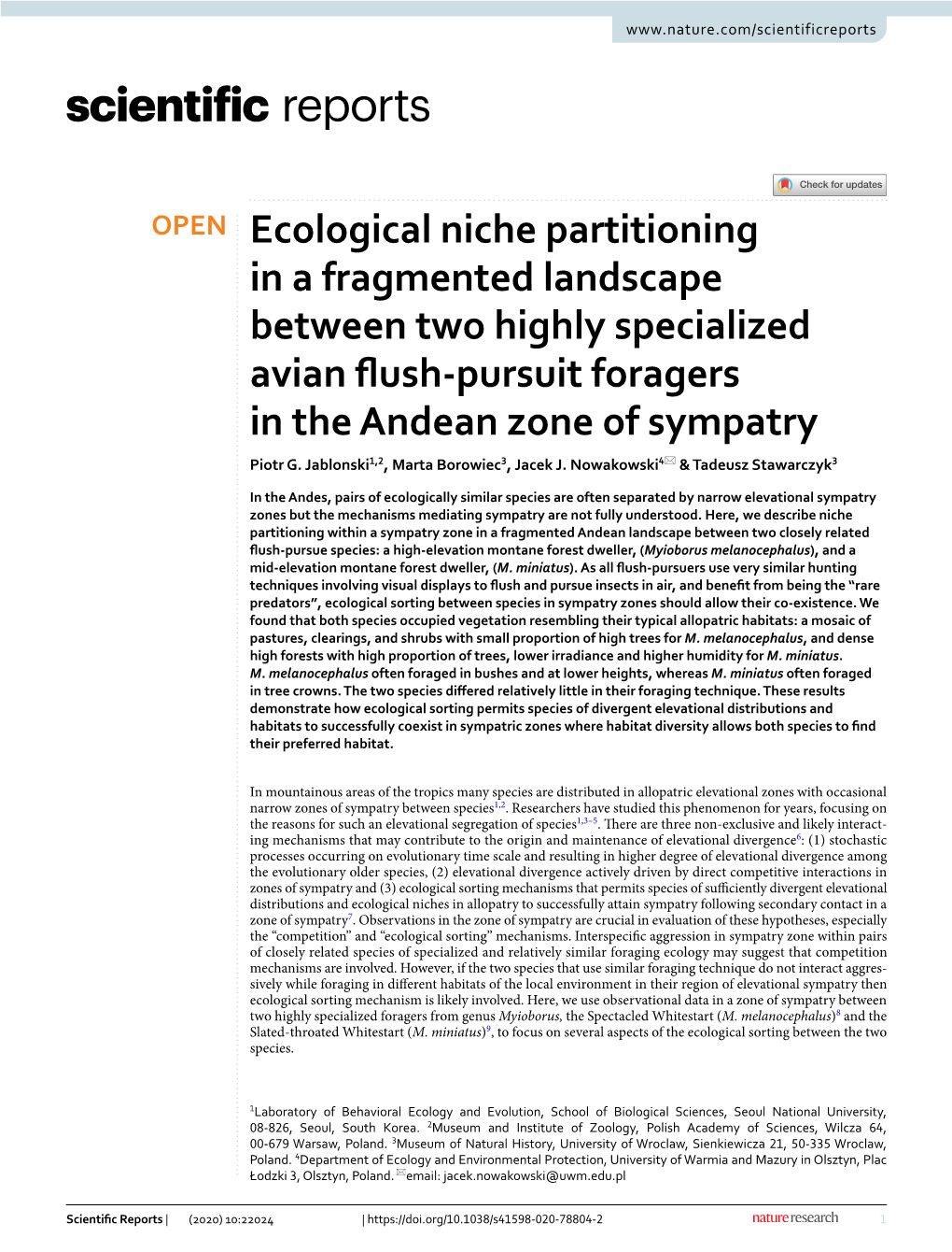 Ecological Niche Partitioning in a Fragmented Landscape Between Two Highly Specialized Avian Fush‑Pursuit Foragers in the Andean Zone of Sympatry Piotr G