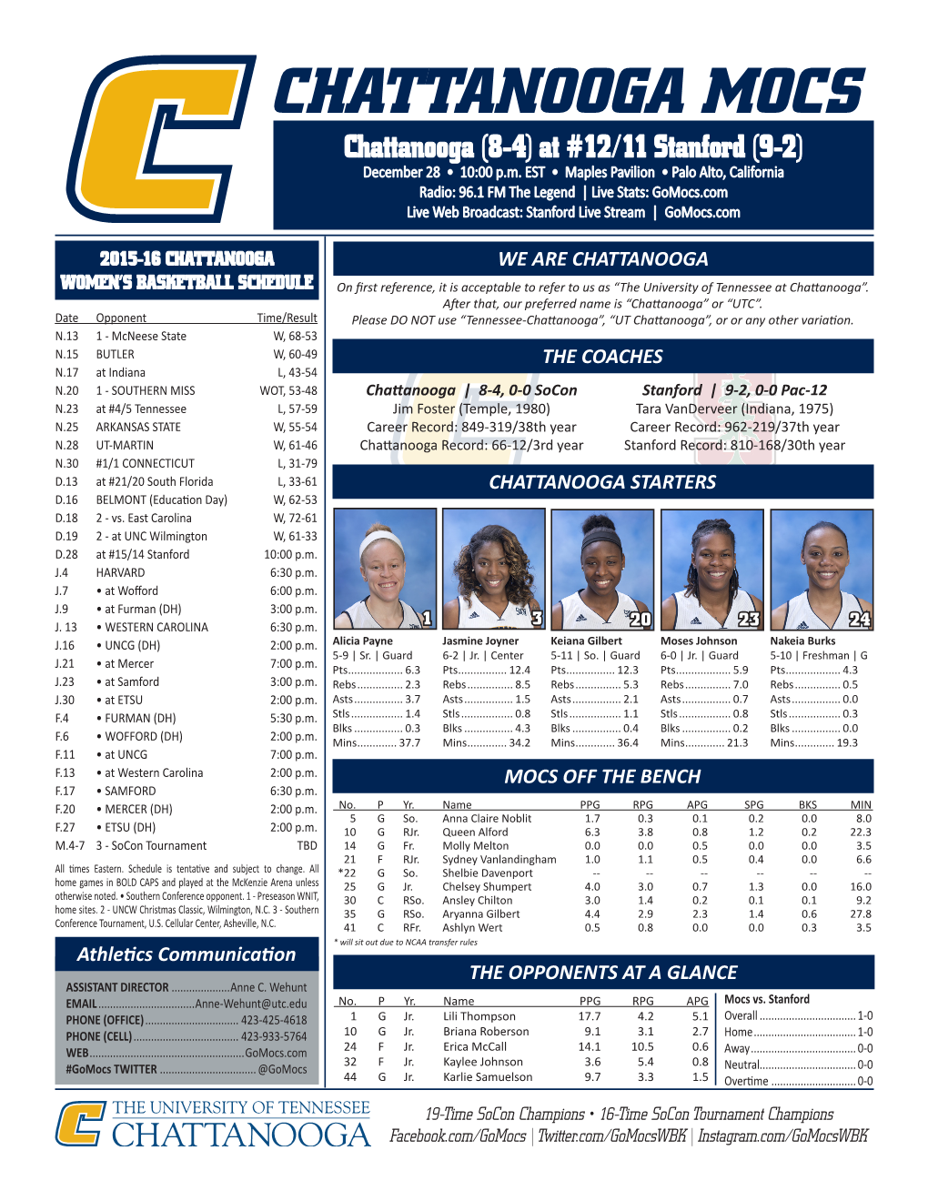 CHATTANOOGA MOCS Chattanooga (8-4) at #12/11 Stanford (9-2) December 28 • 10:00 P.M