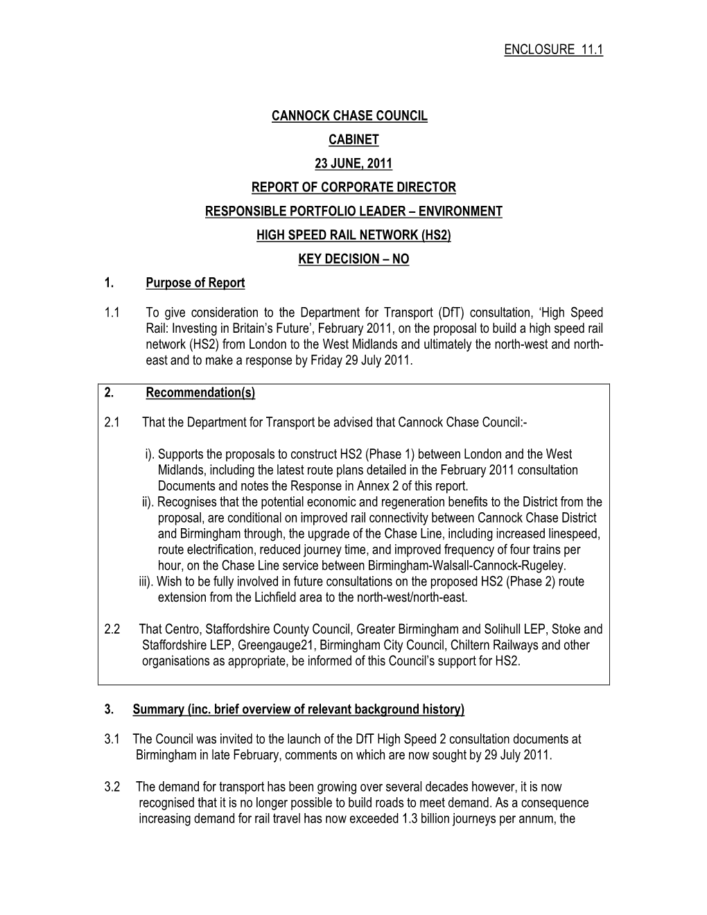 Report of Corporate Director Responsible Portfolio Leader – Environment High Speed Rail Network (Hs2) Key Decision – No 1