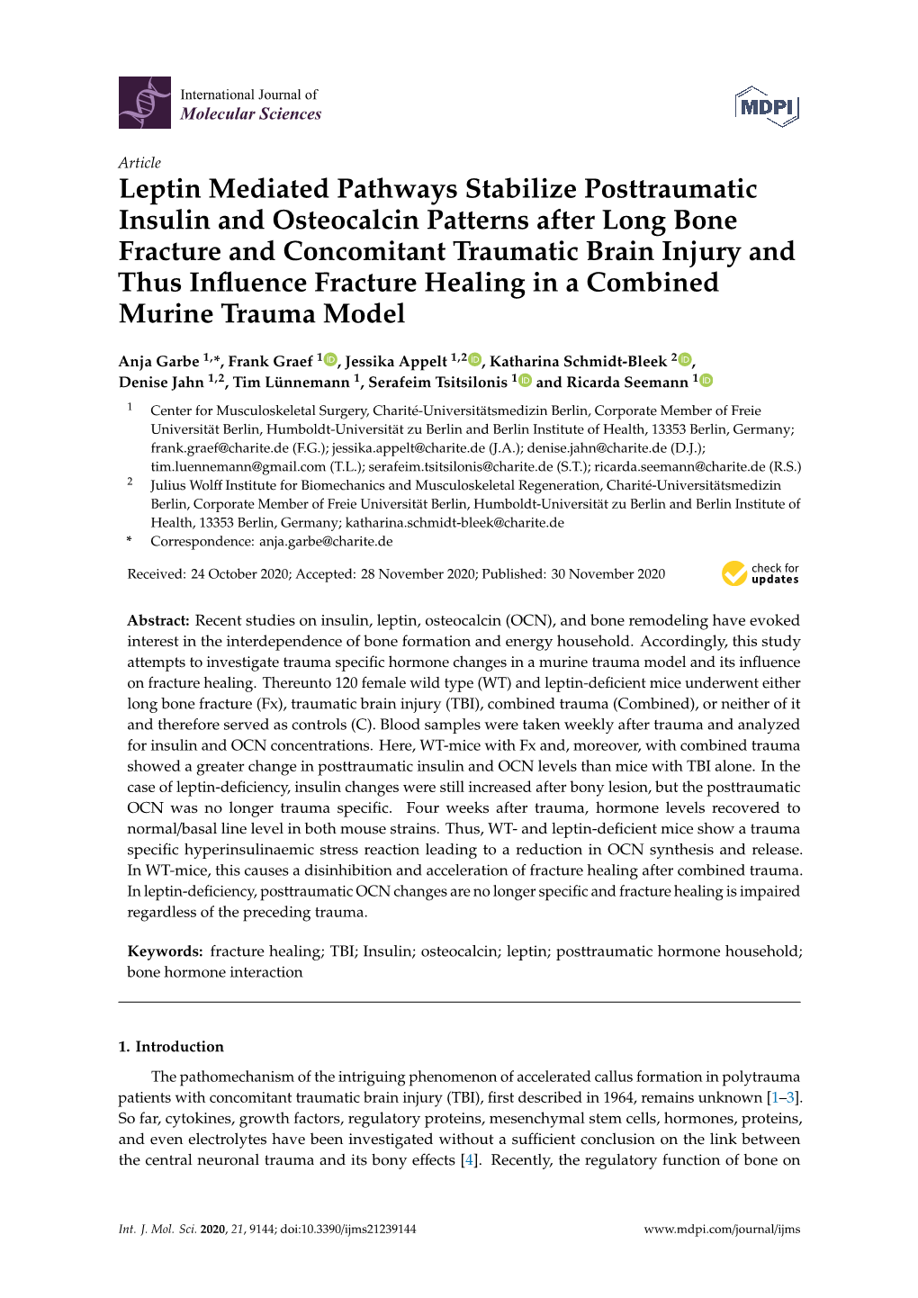 Leptin Mediated Pathways Stabilize Posttraumatic Insulin And