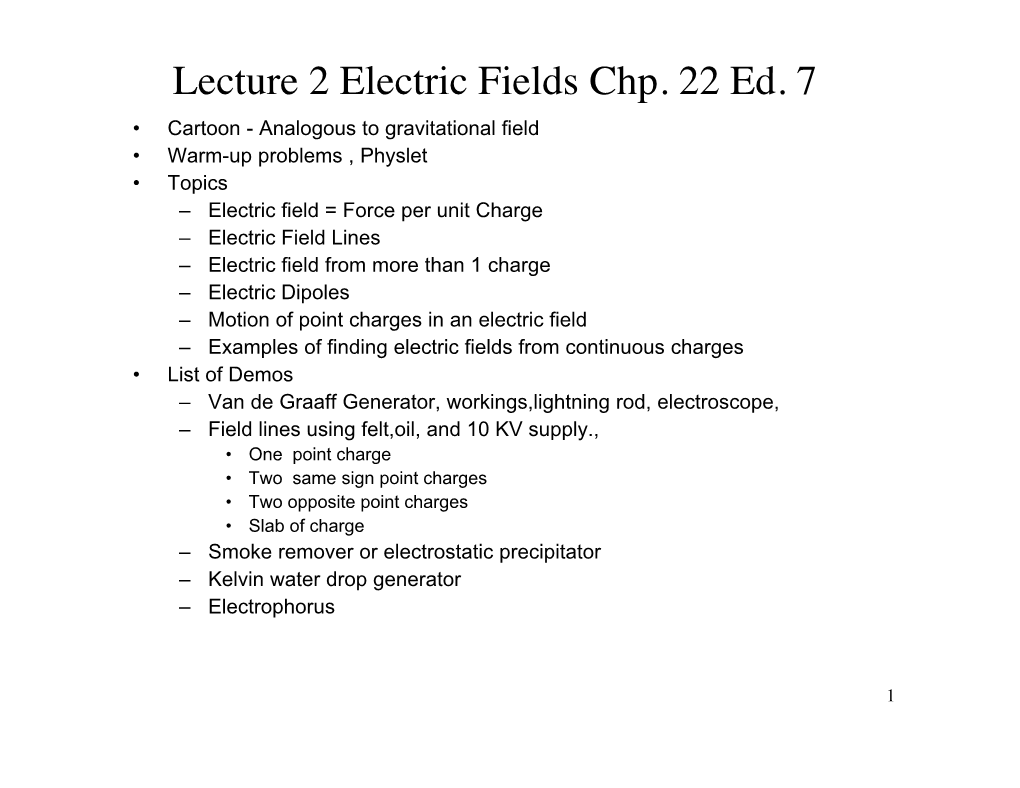 Lecture 2 Electric Fields Chp. 22 Ed. 7