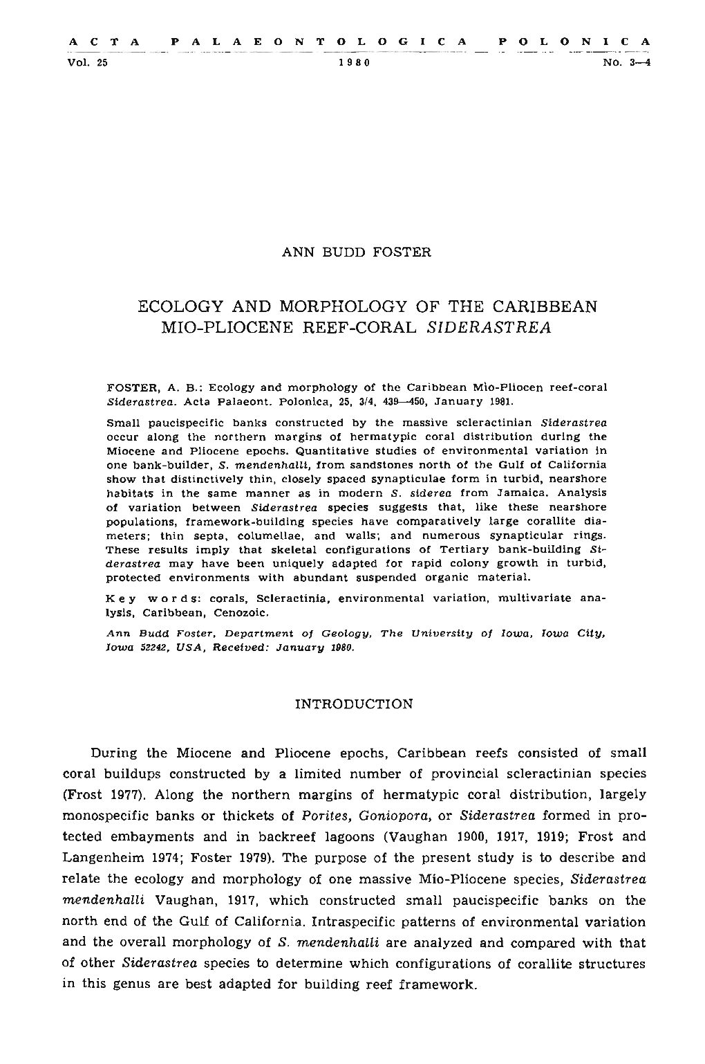 Ecology and Morphology of the Caribbean Mio-Pliocene Reef-Coral Siderastrea