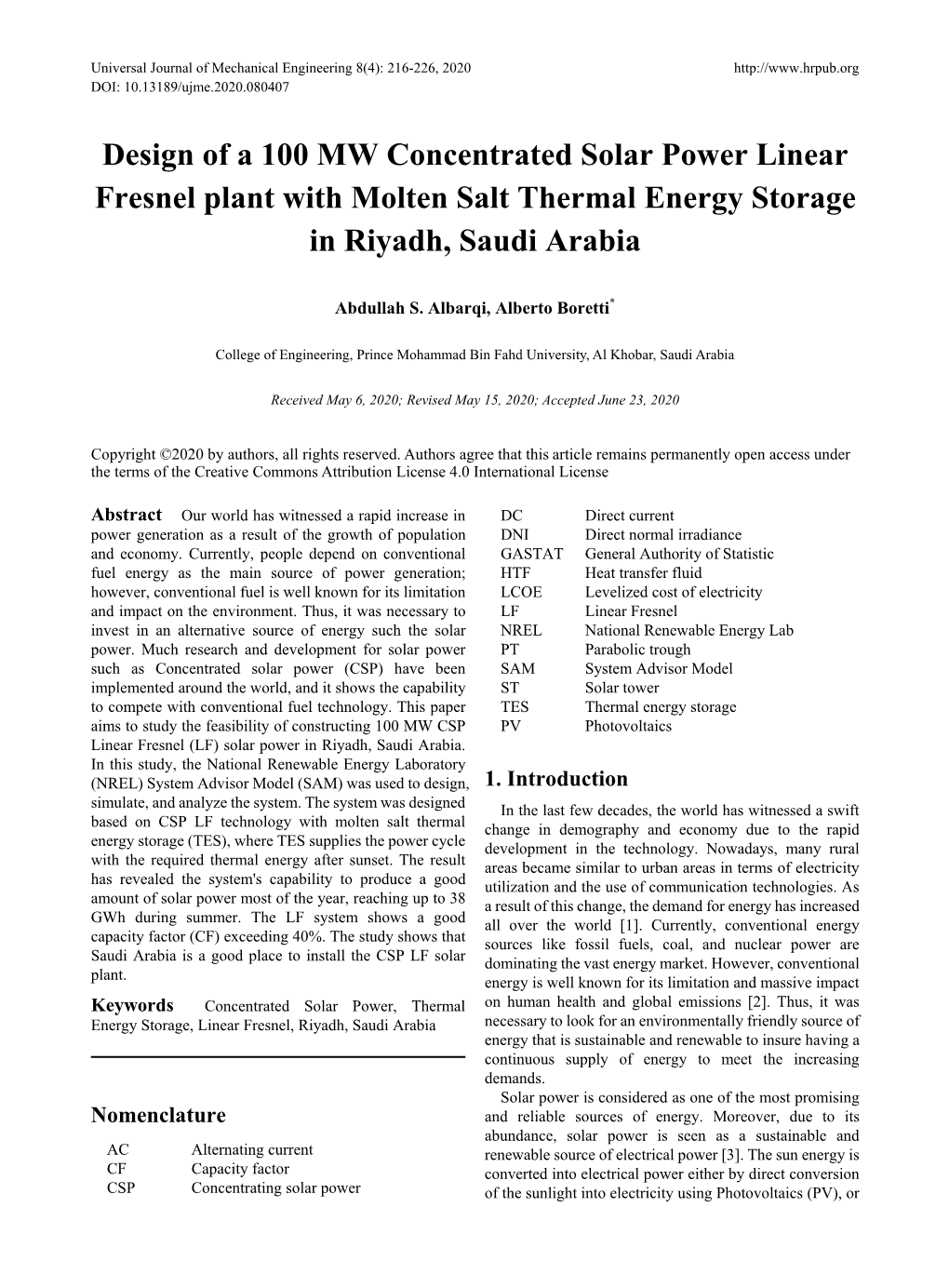 Design of a 100 MW Concentrated Solar Power Linear Fresnel Plant with Molten Salt Thermal Energy Storage in Riyadh, Saudi Arabia